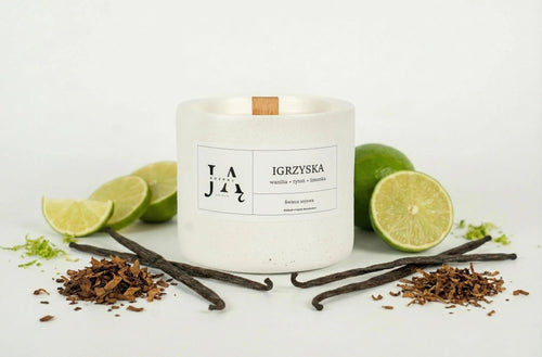 Kontrastowa świeca sojowa Igrzyska z drewnianym knotem — Rozpal Ją