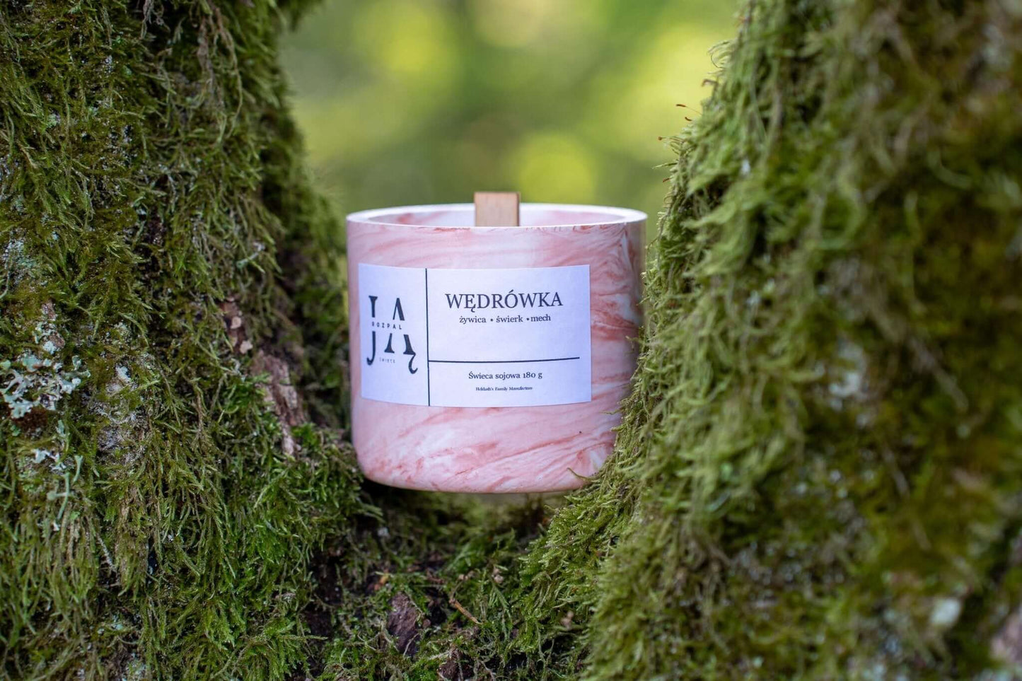 WĘDRÓWKA | naturalna świeca sojowa leśna umieszczona na drzewie, z naturalnym, trzema zapachami.